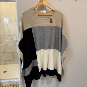 Calvin Klein Sweater Women One Size Beige Black Colorblock Shawl Knit Poncho